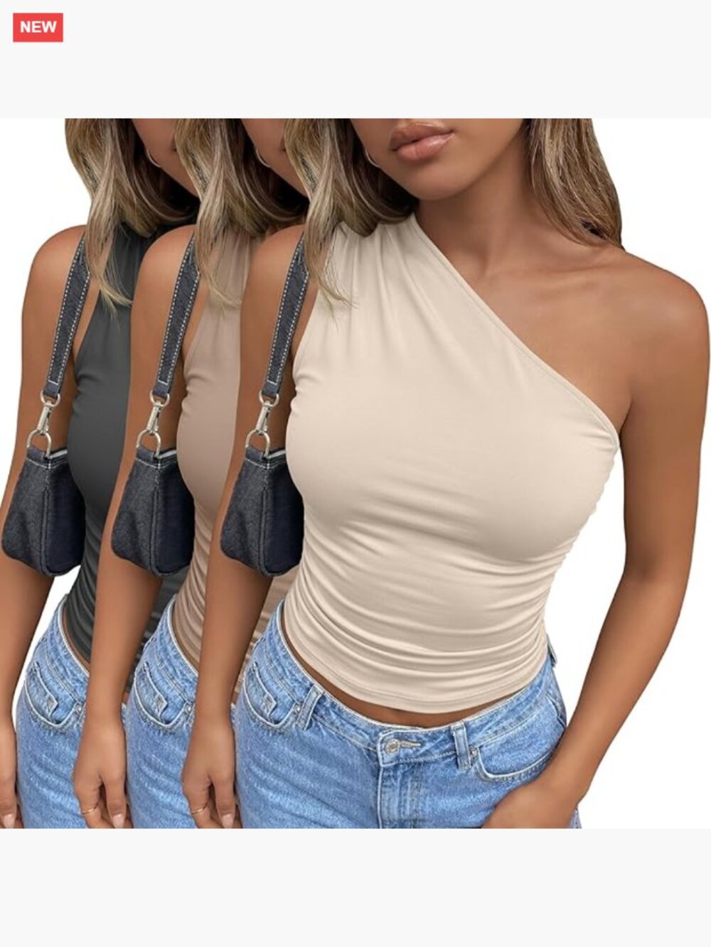 3 Pack One Shoulder Tops Asymmetrical Sleeveless Ruched Slim Fit Y2K Crop Tank